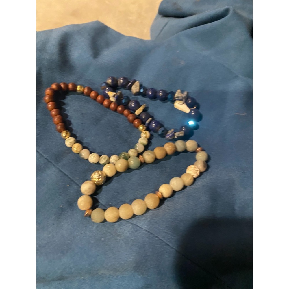 Jasper Sodalite Lapis Natural Stone Beaded Stretch Bracelets Set of 3 Blue Brown